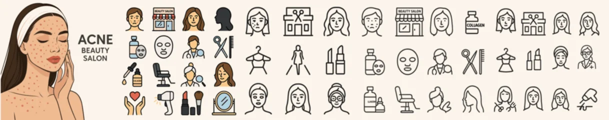 Fotobehang Horizontal vector banner featuring acne skincare woman and comprehensive beauty salon icon set for treatments, cosmetics, wellness and hairstyling. © Zaleman