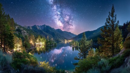 A calm mountain lake at night, surrounded by pine trees and snowy peaks