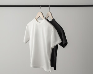 Two t-shirts, one black and one white, hang neatly on wooden hangers in a bright, minimalist setting. This display highlights modern casual wear, emphasizing simplicity and style.