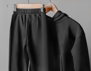 Athletic wear in black color is showcased on a wooden hanger, featuring a hoodie and matching sweatpants. The neutral background highlights the sleek design and fabric texture.