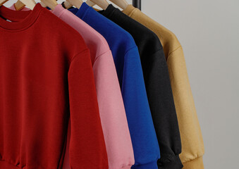 Five sweatshirts in various colors hang neatly on wooden hangers against a plain background, showcasing a range of styles perfect for casual wear throughout the year.