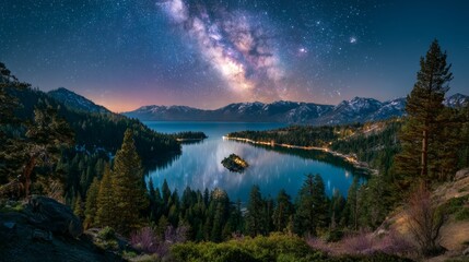 A calm mountain lake at night, surrounded by pine trees and snowy peaks