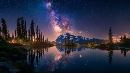 A calm mountain lake at night, surrounded by pine trees and snowy peaks