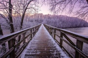 Fototapeta premium snow-covered wooden bridge over frozen river with forest backdrop, soft pink sunset sky, no text.