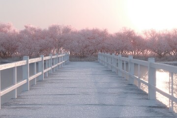 Naklejka premium snow-covered wooden bridge over frozen river with forest backdrop, soft pink sunset sky, no text.