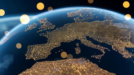 Illuminated earth with 5g overlay: europe at night in hightech global network animation - Powered by Adobe