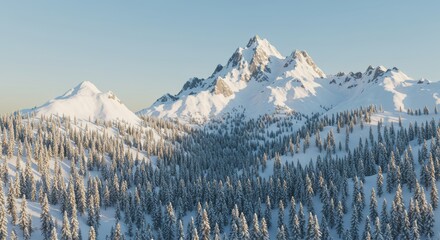 Snow-covered mountain peaks rise above a dense forest of evergreen trees, all blanketed in white snow under a clear, blue sky.