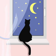 A black cat sits on the windowsill and watches the starry sky.
