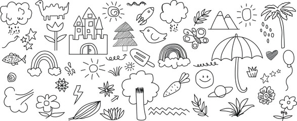 Simple sketch line style elements. Doodle cute ink pen line elements isolated on white background. Doodle arrow, heart, star, decoration symbol, icon set. Hand drawn vector illustration © MD