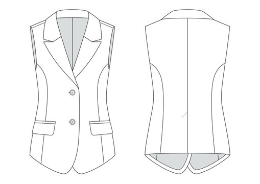 Vector fashion technical drawing of a suit vest with front and back view. Peak lapel. Two buttons. Flap pockets. Single vent. Woven fabric.