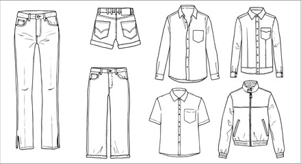 Technical flat drawings of various casual fashion garments: women's jeans, men's denim shorts, long and short-sleeve button-up shirts, and a bomber jacket, in black and white line art.