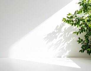 White Wall Studio Mockup With Natural Sunlight and Green Leaves