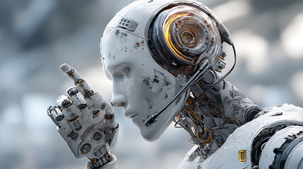 An artificial intelligence virtual assistant acts as an AI agent, providing support as an AGI powered representative, symbolizing the future singularity of robot interactions