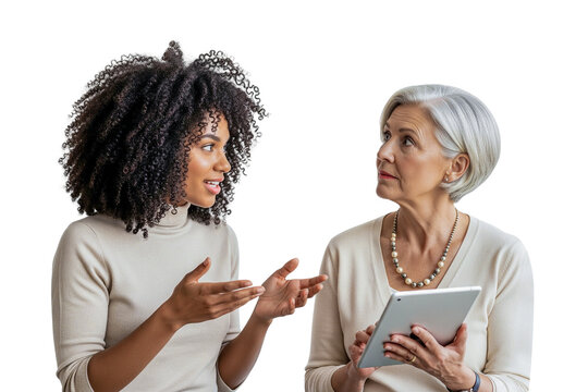 two women with tablet computer isolated on white