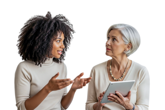 two women with tablet computer isolated on white