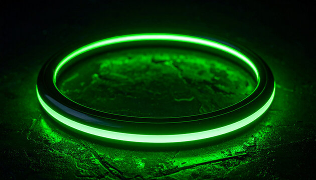 Futuristic cyberpunk-style glowing green neon ring. Dynamic energy, dark backdrop. Digital art.