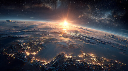 An aerial view of Earth from space showing North America and the sun rising over the horizon with visible city lights emphasizing the beauty of our planet in the vast universe