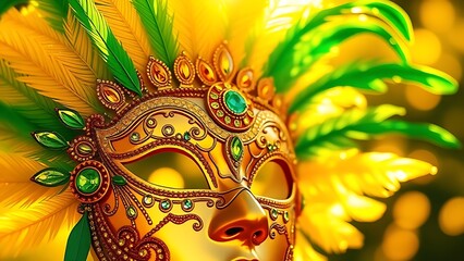 Golden-green feathered carnival mask with gemstones, representing Brazil Independence Day's festive luxury.