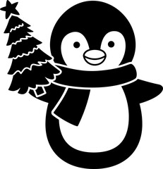 Christmas Penguin character holding a Christmas tree silhouette. 
Holiday Penguin black clipart  isolated. 
Cute winter christmas penguin  vector element. 
Transparent background. svg.