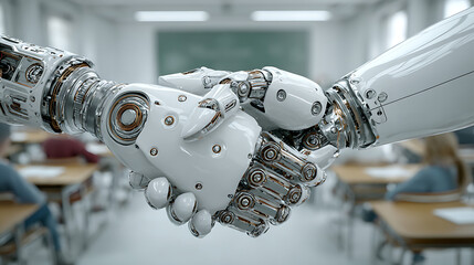 A human and AI robot handshake in a futuristic classroom representing the integration of technology in education with students in the background