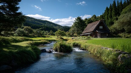 Dreamy wide-angle view of a peaceful Japanese countryside village under a vivid blue sky filled with soft white clouds, capturing the calm, serene charm of rural Japan.