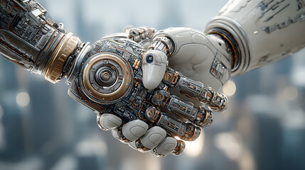 A customer service AI robot shakes hands with a human in a modern setting, symbolizing the role of technology and robotics in customer service and highlighting human robot interaction and innovation
