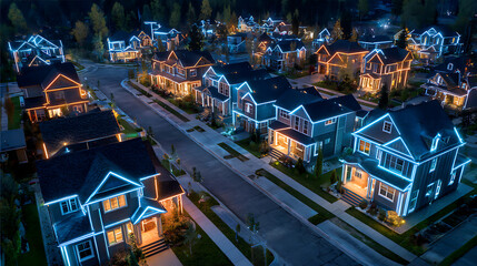 A residential neighborhood of suburban houses illuminated with neon lights showcasing an innovative and futuristic community of homes using future smart technology