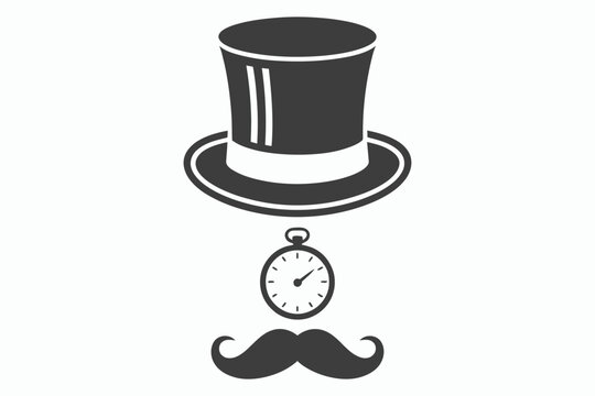 Top hat pocket watch and mustache gentleman style isolated on white background