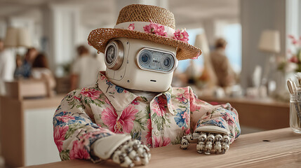 An AI robot dressed in a Hawaiian shirt and straw hat sits at a modern travel agency counter, representing AI automation in the travel and tourism industry..