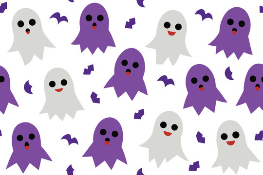 cute halloween pattern with purple and white ghosts and small flying bats on a white background, creating a playful and spooky atmosphere for the holiday vector illustration