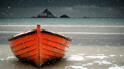 Orange rowboat on a snowy beach at the edge of the sea.