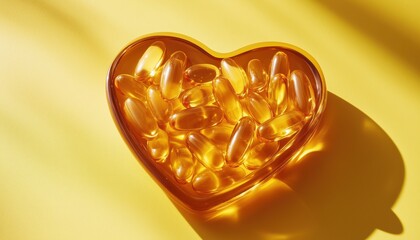 Top View Image Of Vitamin D And Omega 3 Fish Oil Capsules Supplement On A Heart-Shaped Plate In Yellow - Healthcare Concept.