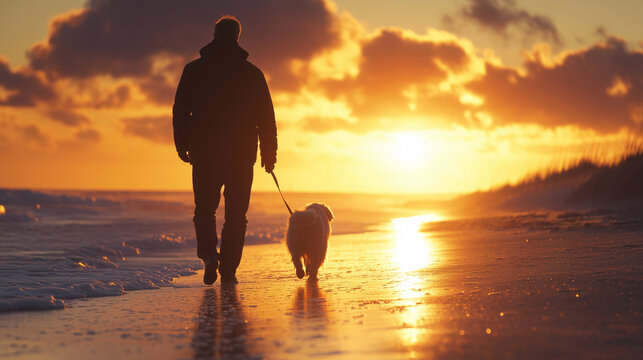 A silhouette of a person walking a dog along the beach at sunset, capturing a serene moment of connection with nature