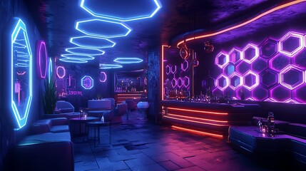 3d render of a glowing neon sign in a restaurant