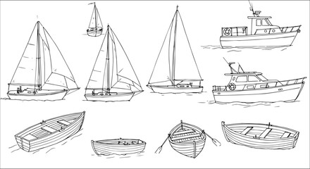 Assorted Boat Designs: Hand-Drawn Sketch Collection of Sailboats, Powerboats, and Rowboats on Water.