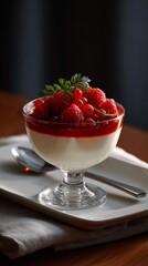 A red fruit panna cotta served in a clear glass verrine, set on a rectangular white plate