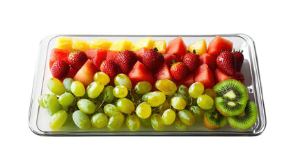 Colorful assorted fruit tray featuring fresh watermelon slices on white background