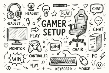 Gamer setup doodle: gaming chair, headset, monitor, keyboard, mouse, pc, controller