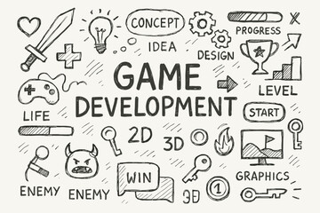 Game development sketch with tools and icons including console, trophy, and key elements
