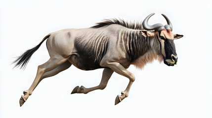 Fototapeta premium Running Wildebeest Against White Background