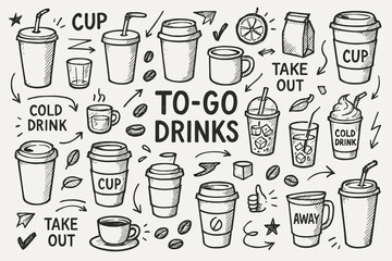 Hand-drawn to-go drinks and cups with cold beverage icons