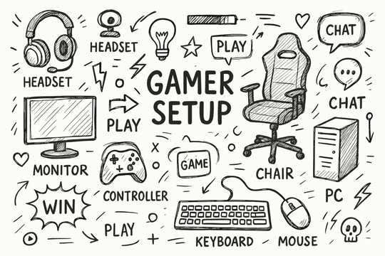 Gamer setup doodle: gaming chair, headset, monitor, keyboard, mouse, pc, controller