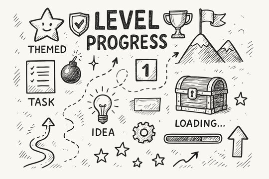 Doodle illustration: level progress and achievement icons