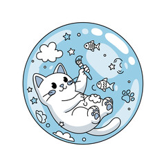 Cute Cartoon White Cat Painting Inside a Bubble with Fish Stars and Clouds