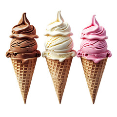 Three classic ice cream cones: chocolate, vanilla, strawberry ice cream. isolated on a transparent background. Generative AI