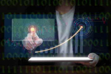 A woman in a business suit interacts with a virtual network.