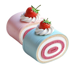 Two cute pastel Swiss roll cakes with a swirl of whipped cream and a fresh strawberry. on a transparent background, Generative AI