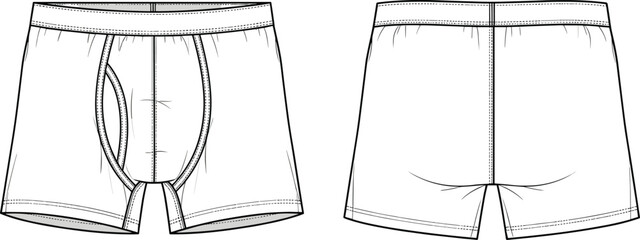 Men’s boxer brief technical flat sketch front and back view, detailed underwear design, cad drawing, vector apparel illustration, template