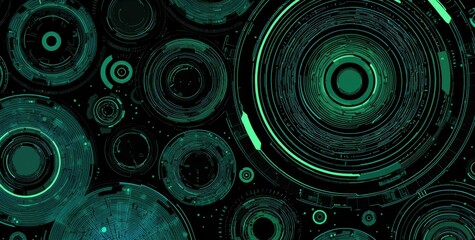 Abstract digital artwork featuring overlapping, concentric teal and green circles on a black background, suggesting a technological or futuristic interface