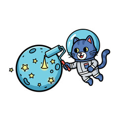 Cute Astronaut Cat Painting Stars on a Blue Planet with a Paint Roller in Space Illustration